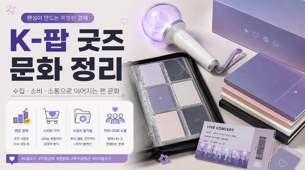 K-팝 굿즈 문화와 포토카드 응원봉 앨범이 팬덤 경제가 되는 이유를 소개하는 이미지