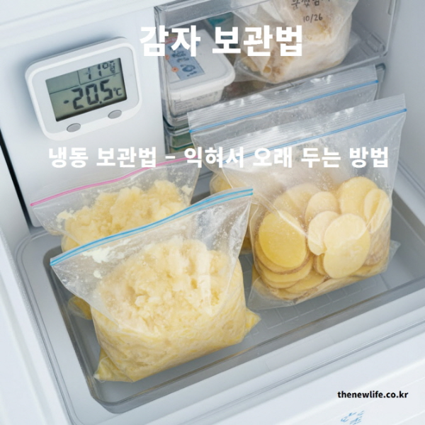 감자를 삶거나 찐 후 으깬 형태와 슬라이스 형태로 나누어 지퍼백에 담아 냉동 보관하는 모습.