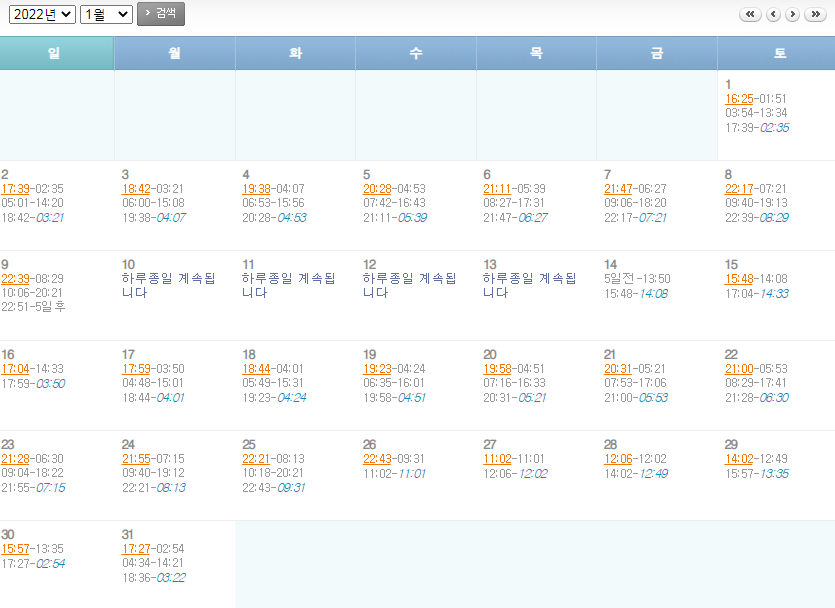 2022년 1월 제부도 물 때 시간표
