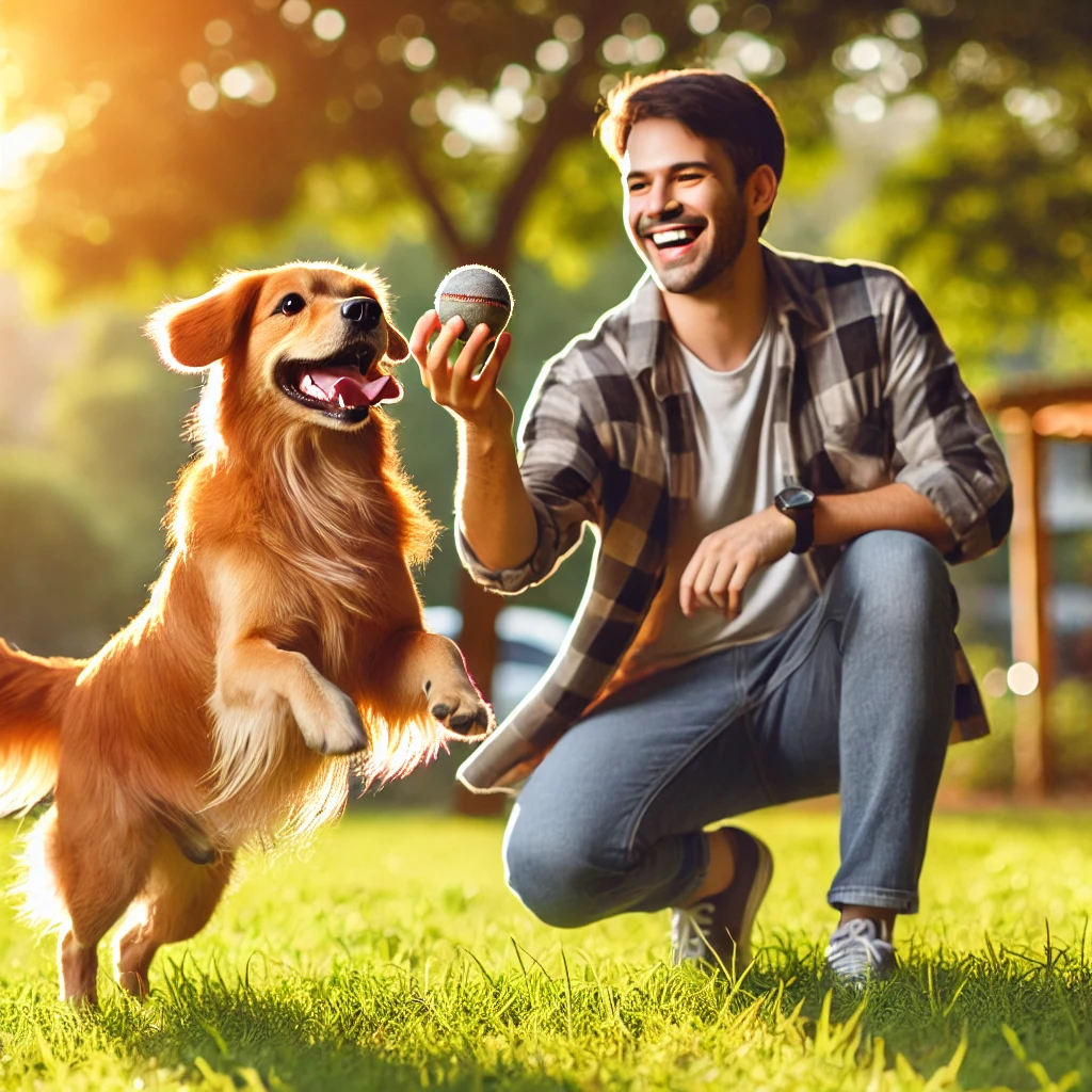 반려견과 보호자의 행복한 공원 산책 &ndash; 주인이 공원에서 반려견과 함께 공을 던지며 놀고 있는 밝고 따뜻한 분위기의 장면