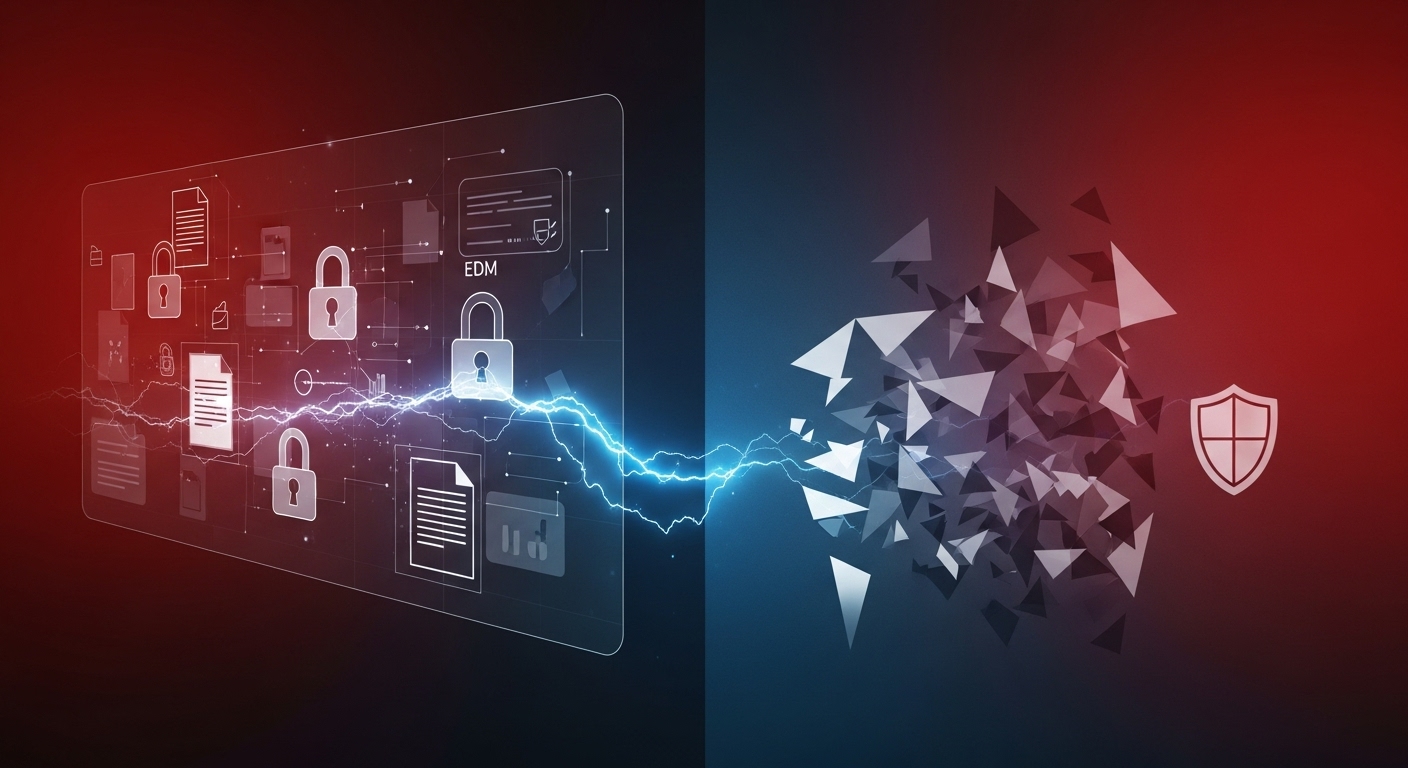 첨단 전자문서 관리 시스템과 보안, 그리고 데이터 폐기 과정을 상징하는 일러스트. 암호화된 파일, 데이터 삭제 및 보호 개념을 시각화합니다.