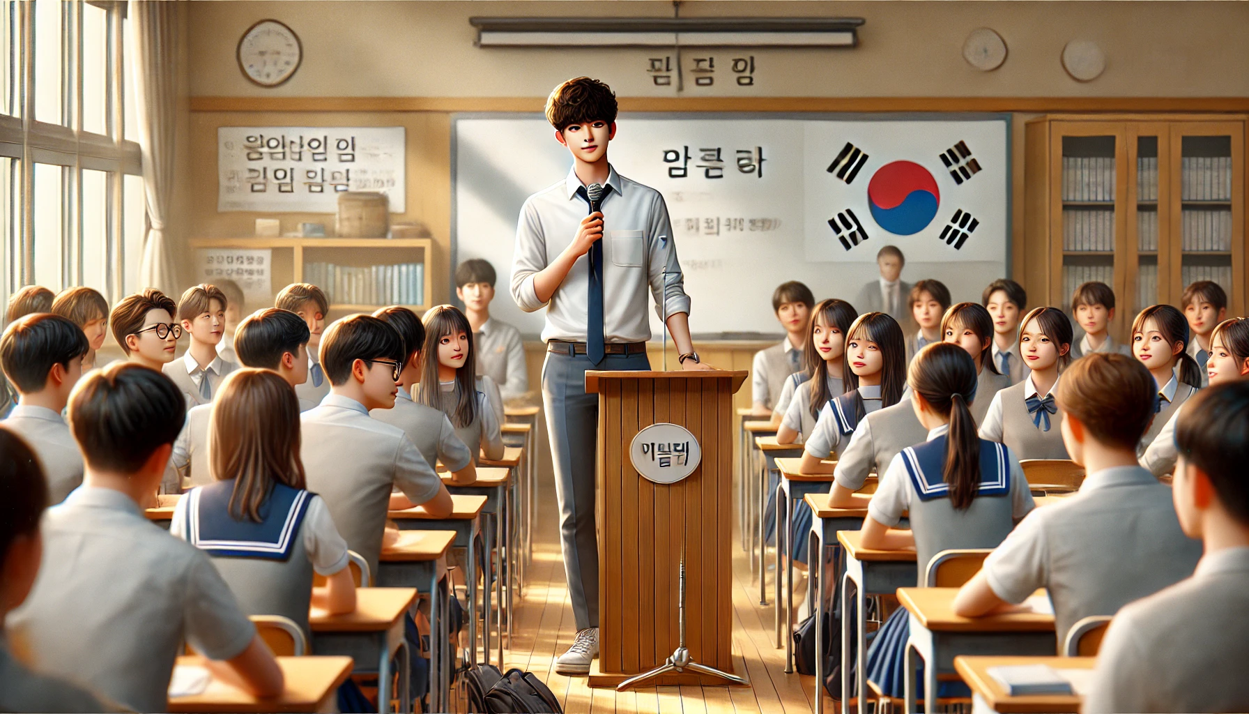 실제 강연 중인 서울대 의대생이 고등학생 앞에서 강의하는 모습을 반영한 장면