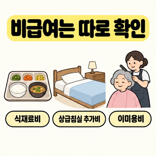 비급여는 따로 확인이라는 제목 아래 식판, 침실, 머리를 정돈하는 장면으로 식재료비와 상급침실 추가비, 이미용비를 설명한 그림