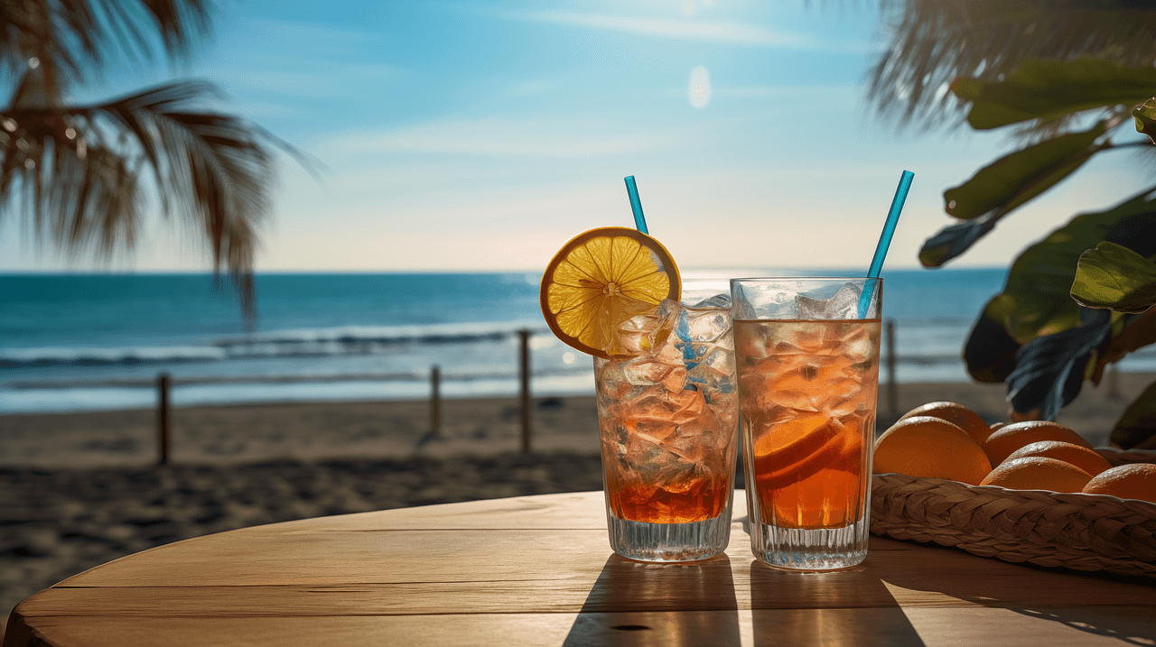 바닷가&amp;#44; 시원한 음료 두 잔