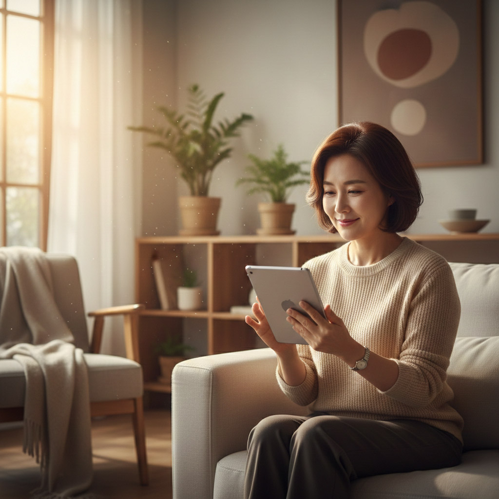 밝은 거실에서 50대 한국 여성이 미소를 지으며 태블릿 PC를 사용하는 모습, 따뜻한 햇살이 비침