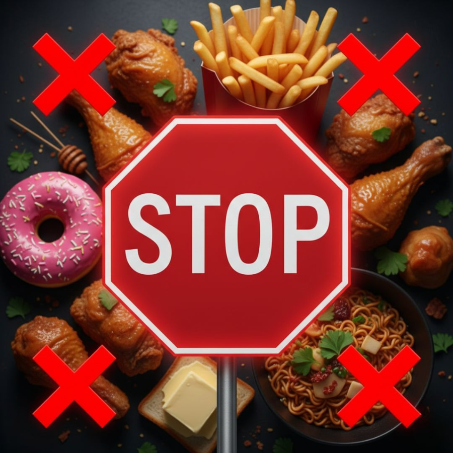 alt="X 표시가 된 튀김, 가공식품 등 고지혈증에 좋지 않은 음식들이 모여있고, "STOP" 사인이 강조된 이미지로 강력한 메시지를 전달합니다"