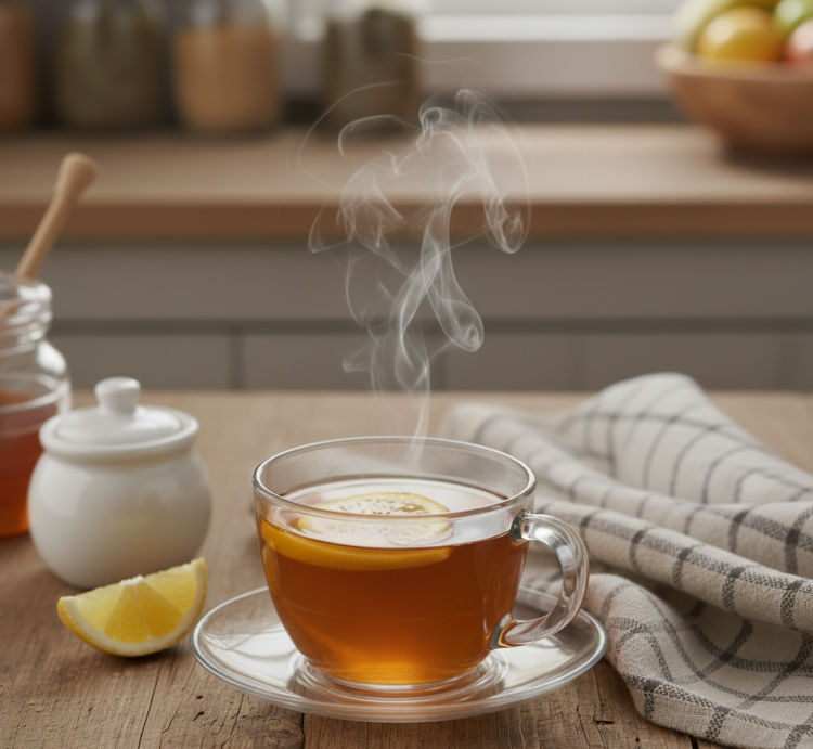 식탁에 놓인 레몬 꿀물차