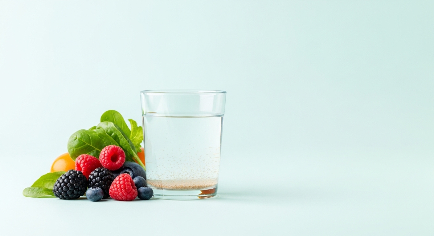 차전자피가 녹아있는 물 한 잔과 신선한 과일 및 채소가 함께 놓여있는 모습으로, 건강한 식습관과 영양 섭취의 중요성을 상징.