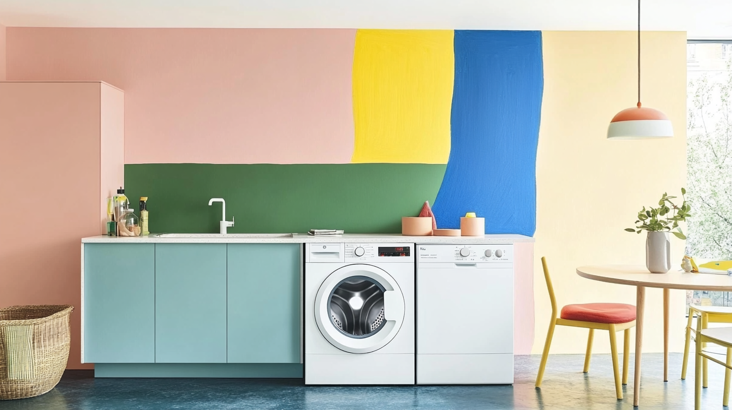 미니멀한 아파트 주방에 위치한 현대적인 세탁기로, 1-2인 가구에 적합한 디자인으로 간결함과 기능성을 강조한 모습