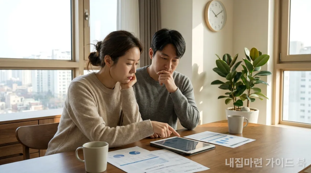 식탁에서 태블릿으로 금융 서류를 살펴보는 젊은 한국인 부부