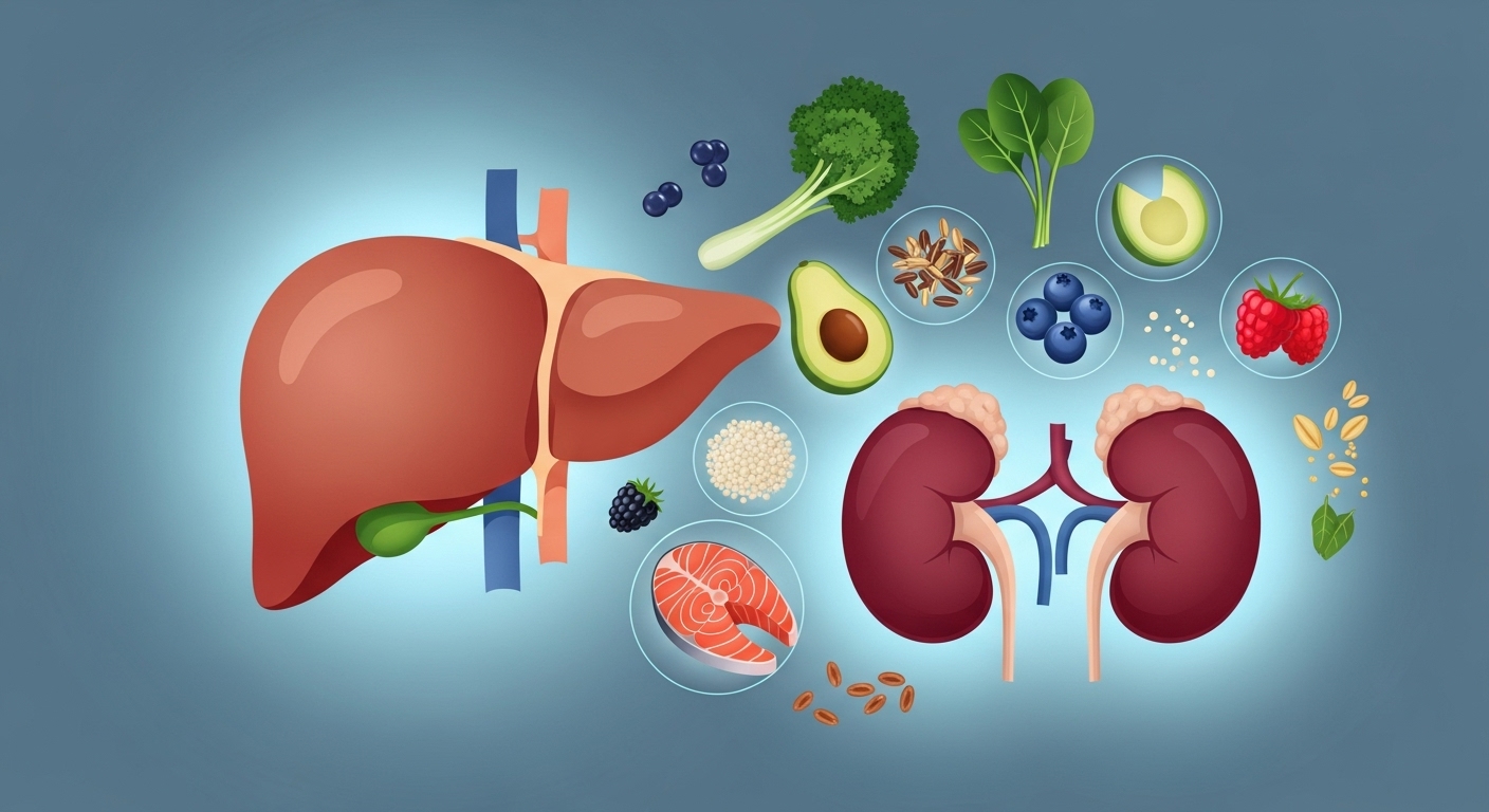 간과 신장 장기를 보호하고 영양을 공급하는 다양한 건강 식품들을 묘사한 깔끔한 일러스트레이션.