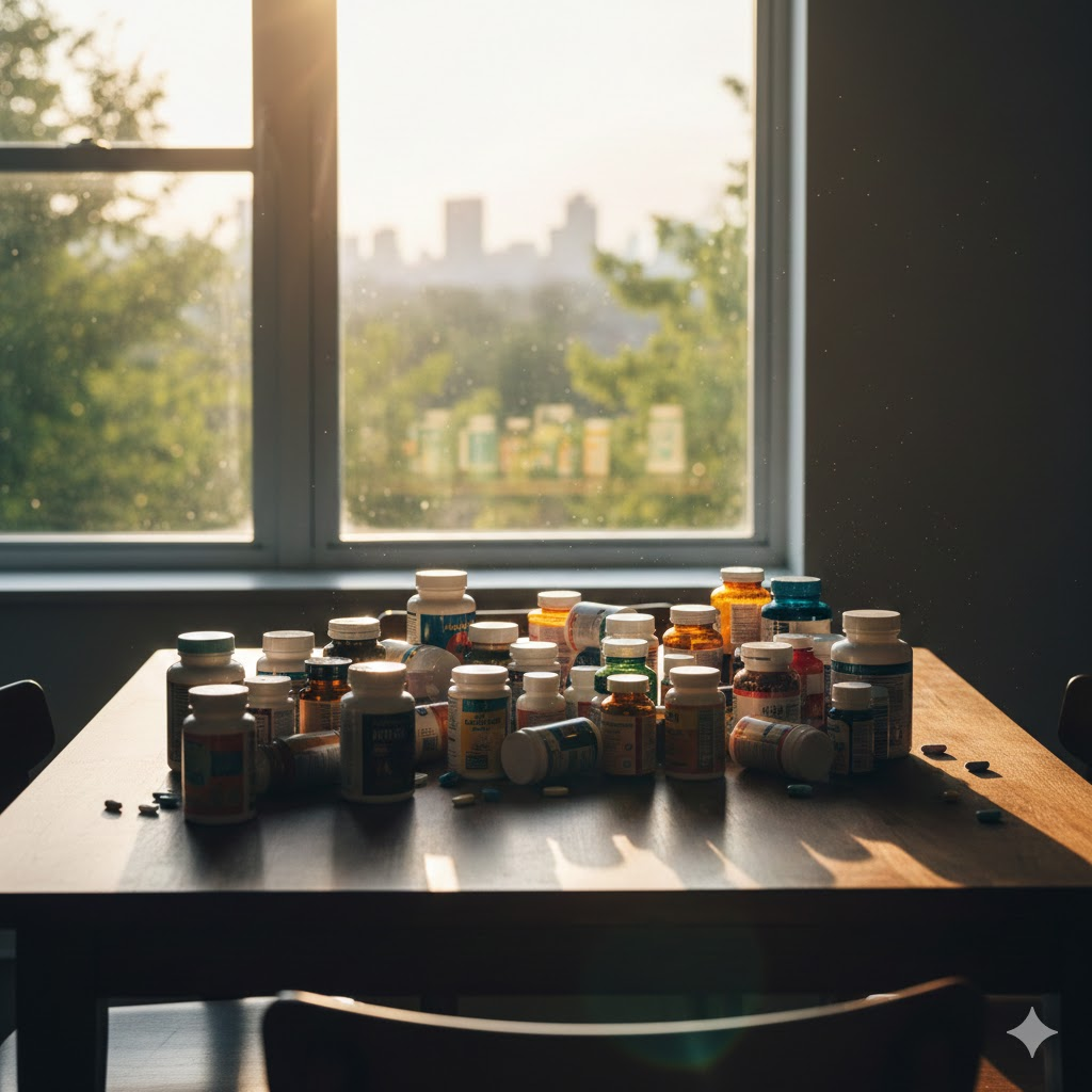 식탁 위에 가득 놓인 다양한 영양제 병들, 햇빛이 비치는 창가와 대비되는 모습