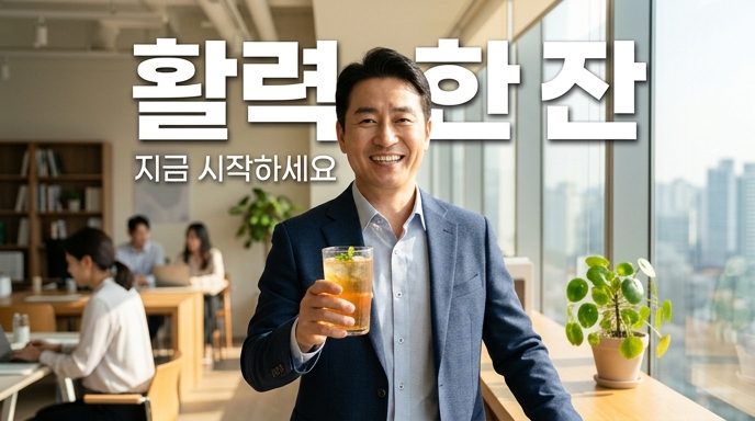 중년의 남자가 유리잔에 천연식초 음료를 들고 활기찬 표정으로 웃고있음