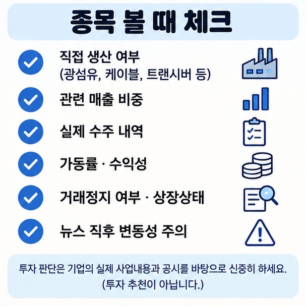 관련 매출 비중 실제 수주 가동률 상장 상태 뉴스 직후 변동성을 확인하는 광섬유 관련주 체크리스트 이미지