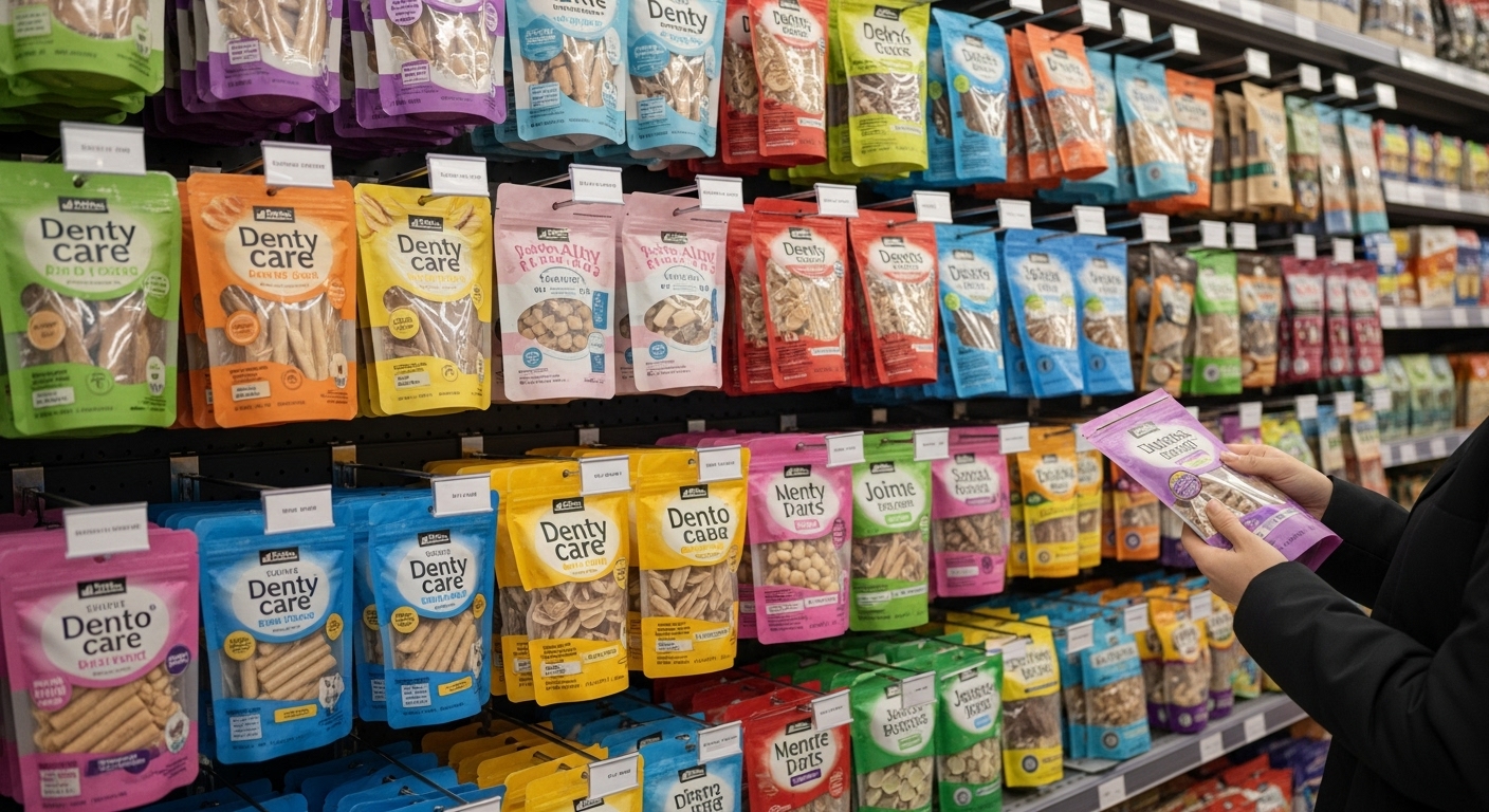 다양한 종류의 시판 반려동물 간식이 진열된 가게에서 한 사람이 제품 성분표를 꼼꼼히 읽고 있는 모습