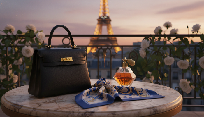 파리 에펠탑을 배경으로 한 테라스에 놓인 고급스러운 프랑스 명품 가방과 액세서리들