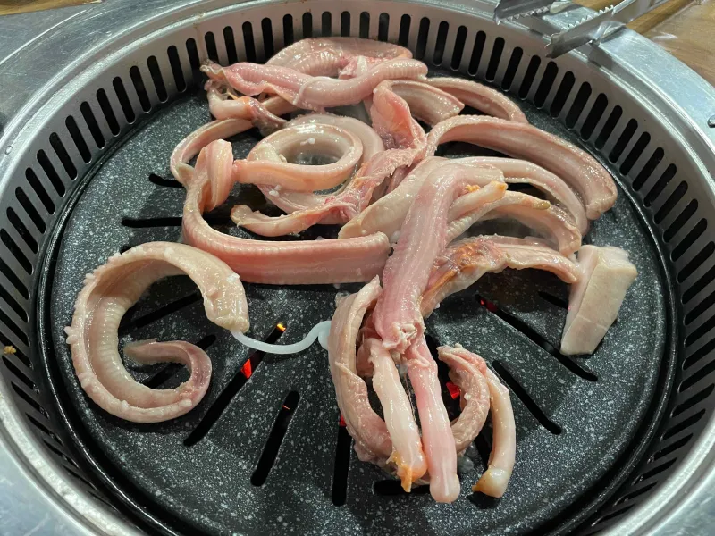 꼼장어가 숯불에 올려진 모습