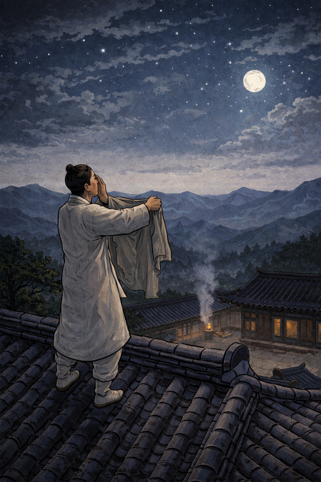 지붕위서 서서 한복을 들고 혼을 불러내는 남자의 모습