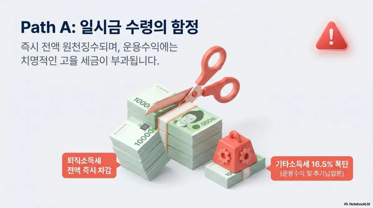 퇴직금 세금: 퇴직금을 일시금으로 수령하면 퇴직소득세가 전액 즉시 차감되고 운용수익 및 추가납입분에는 기타소득세 16.5%가 부과된다는 일시금 수령의 세금 부담을 가위로 돈다발을 자르는 그래픽으로 표현한 이미지