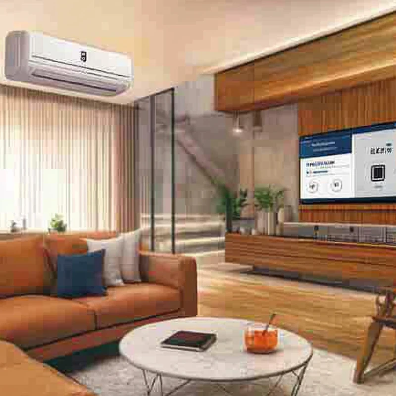 스마트 홈 환경에서 스마트폰 앱으로 제어되는 최신 에어컨이 편리하고 효율적인 냉방을 제공합니다. 기술과 편안함이 조화로운 공간에서 자동화된 혁신을 경험하세요.