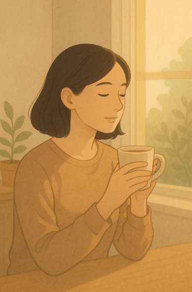 아침에 일어나 따뜻한 차를 마시며 오늘을 준비하는 사람 모습 사진