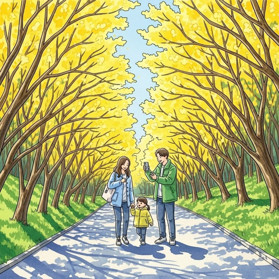 노란 산수유 꽃길을 걷는 사람들과 아름다운 풍경