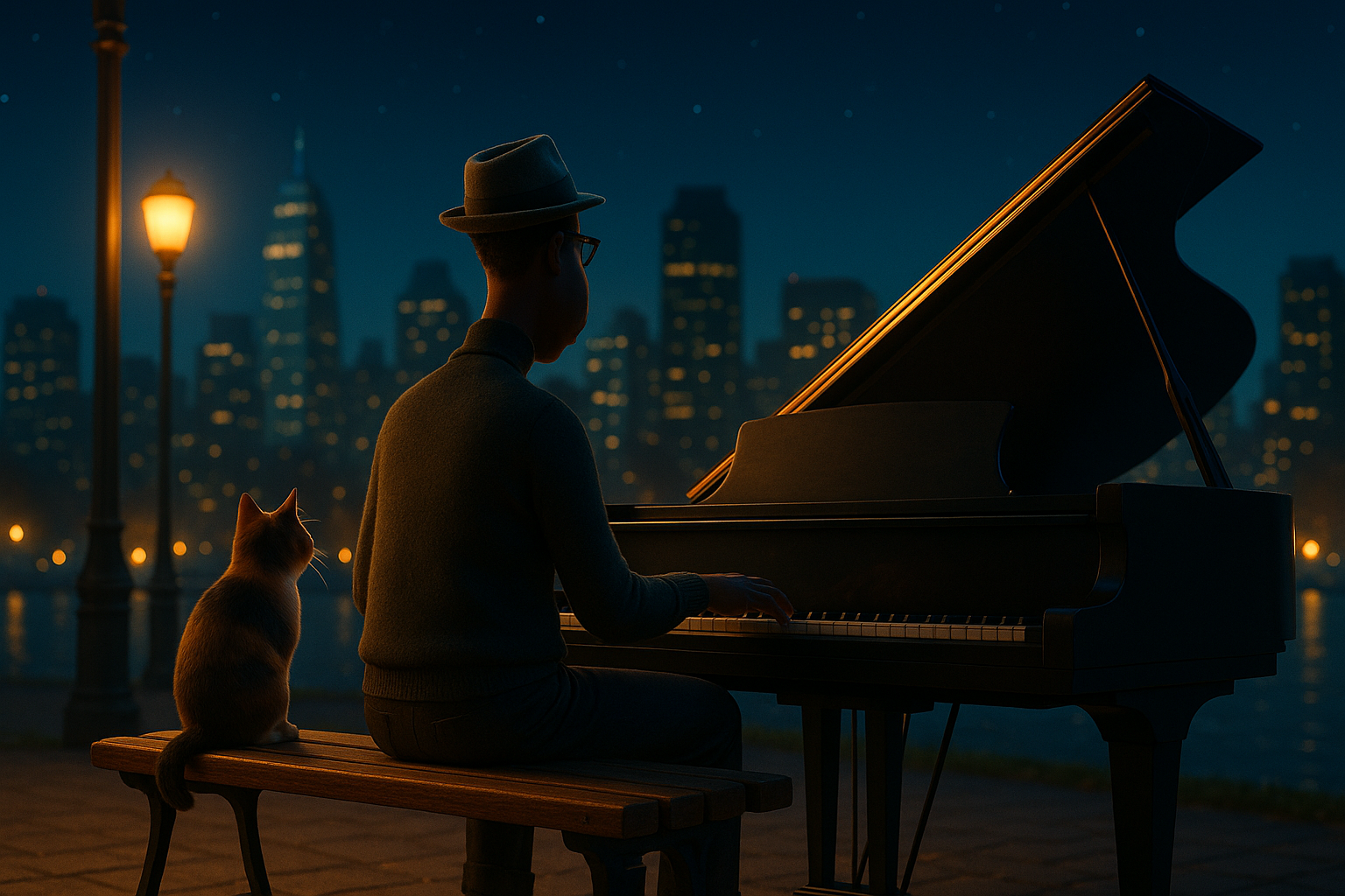 뉴욕의 밤, 공원 벤치에 앉아 피아노를 연주하는 한 흑인 남성과 그 옆에 앉은 고양이의 뒷모습. 따뜻한 도시 불빛이 배경에 퍼져 있으며 감성적이고 철학적인 분위기를 연출함.