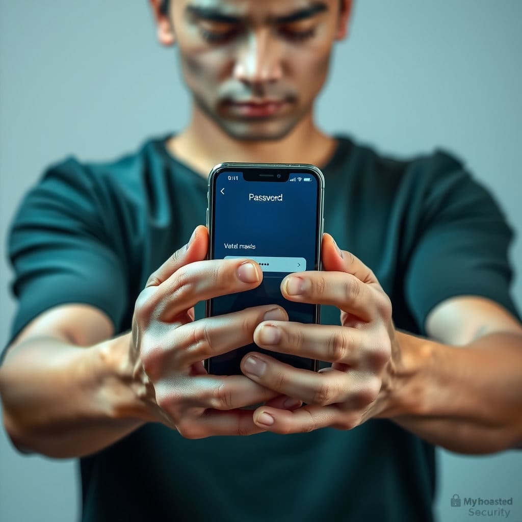 한 사람이 자신의 스마트폰이나 지갑을 양손으로 감싸 소중하게 보호하는 모습을 중심으로 묘사합니다. 또는 개인이 보안 설정(예: 비밀번호, 인증)을 직접 관리하는 모습을 상징적으로 보여줄 수 있습니다. 개인화된 보안을 나타내기 위해 인물의 얼굴이나 손에 초점을 맞추고, 배경에는 '나만의' 보안을 의미하는 패턴이나 아이콘을 작게 배치합니다.