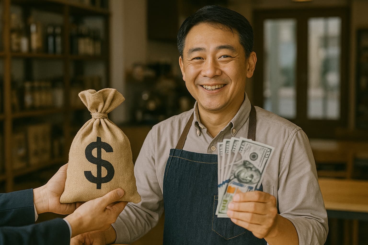 식품 상점에서 소상공인 지원금 봉투와 현금을 받는 남성 자영업자