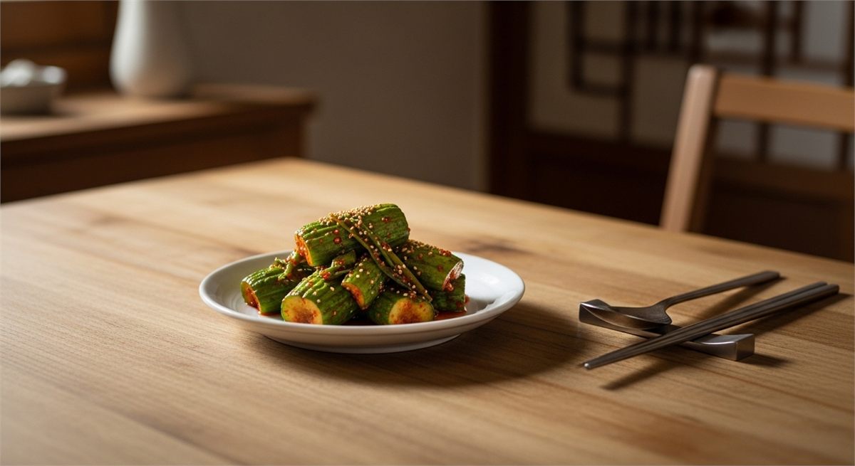 아삭한 오이소박이가 반찬으로 차려진 식탁 모습 