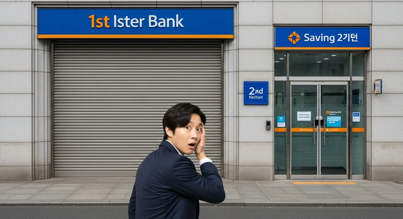 굳게 닫힌 1금융권 은행 문과, 그 옆에 활짝 열려있는 2금융권 저축은행 문을 비교하는 이미지