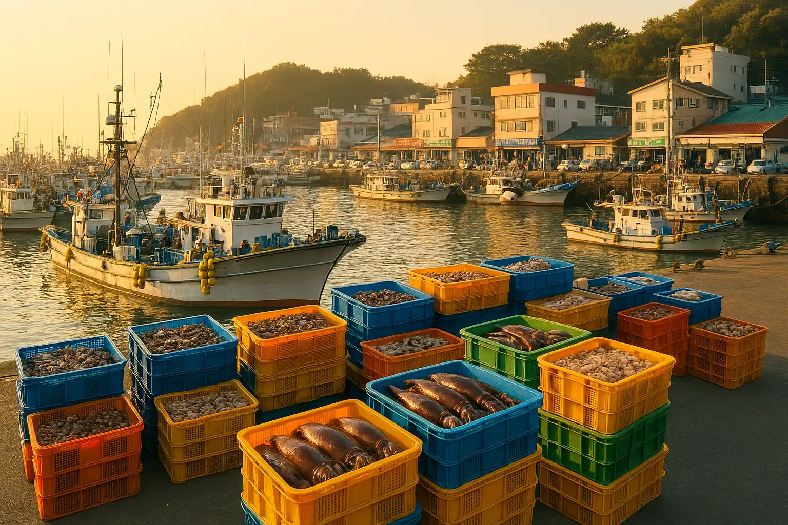 신진항 전체 전경, 활기찬 항구 분위기를 담은 이미지