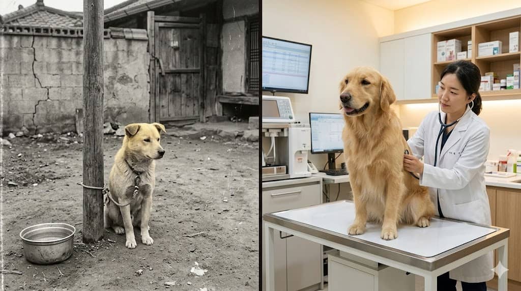 파일명: pet_economy_history_1966_2026.jpg
Alt: 1966년 마당에 줄 묶인 한국 강아지와 2026년 동물병원 진료받는 반려견 비교 사진
설명: 60년 반려동물 인식 변화를 대비해서 보여주는 이미지. 흑백 vs 컬러 구성 권장.