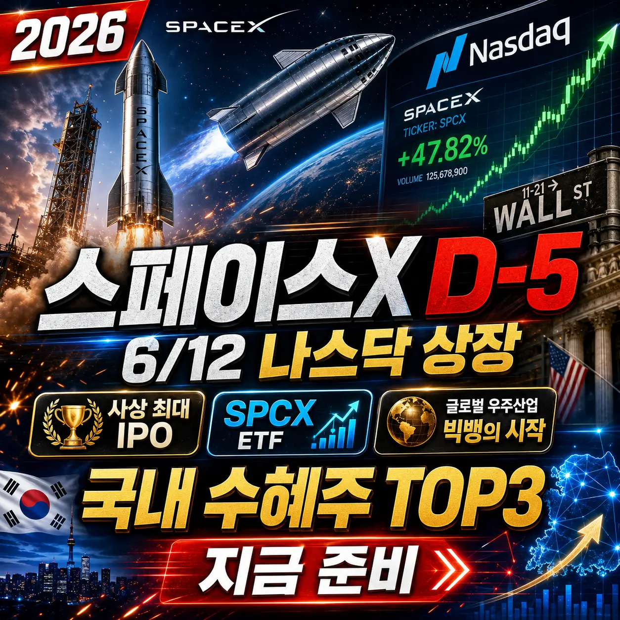 스페이스X 6월 12일 나스닥 상장 D-5 — 사상 최대 IPO·SPCX ETF·국내 수혜주 TOP3·지금 준비해야 하는 이유 2026