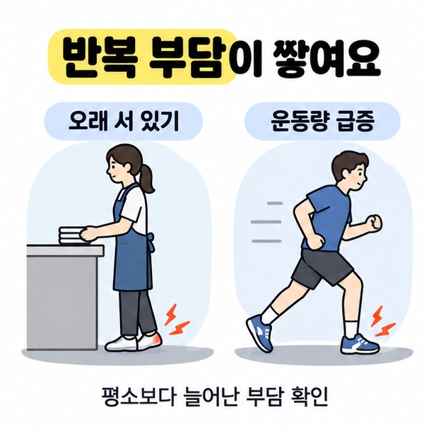 오래 서서 일하는 사람과 달리는 사람을 비교해 평소보다 늘어난 발의 부담을 확인하도록 안내한 도식