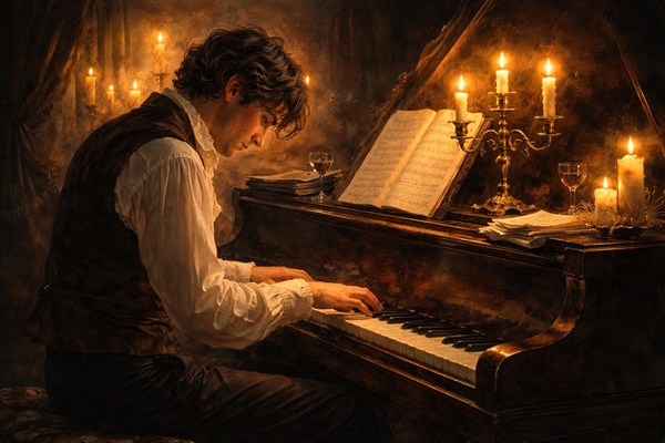 촛불 아래 연주하는 피아니스트