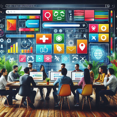 벽면에 커다란 디지털 인터페이스가 떠 있으며, 검색창, 설정 아이콘, 차트, 지도 아이콘 등이 포함됨.