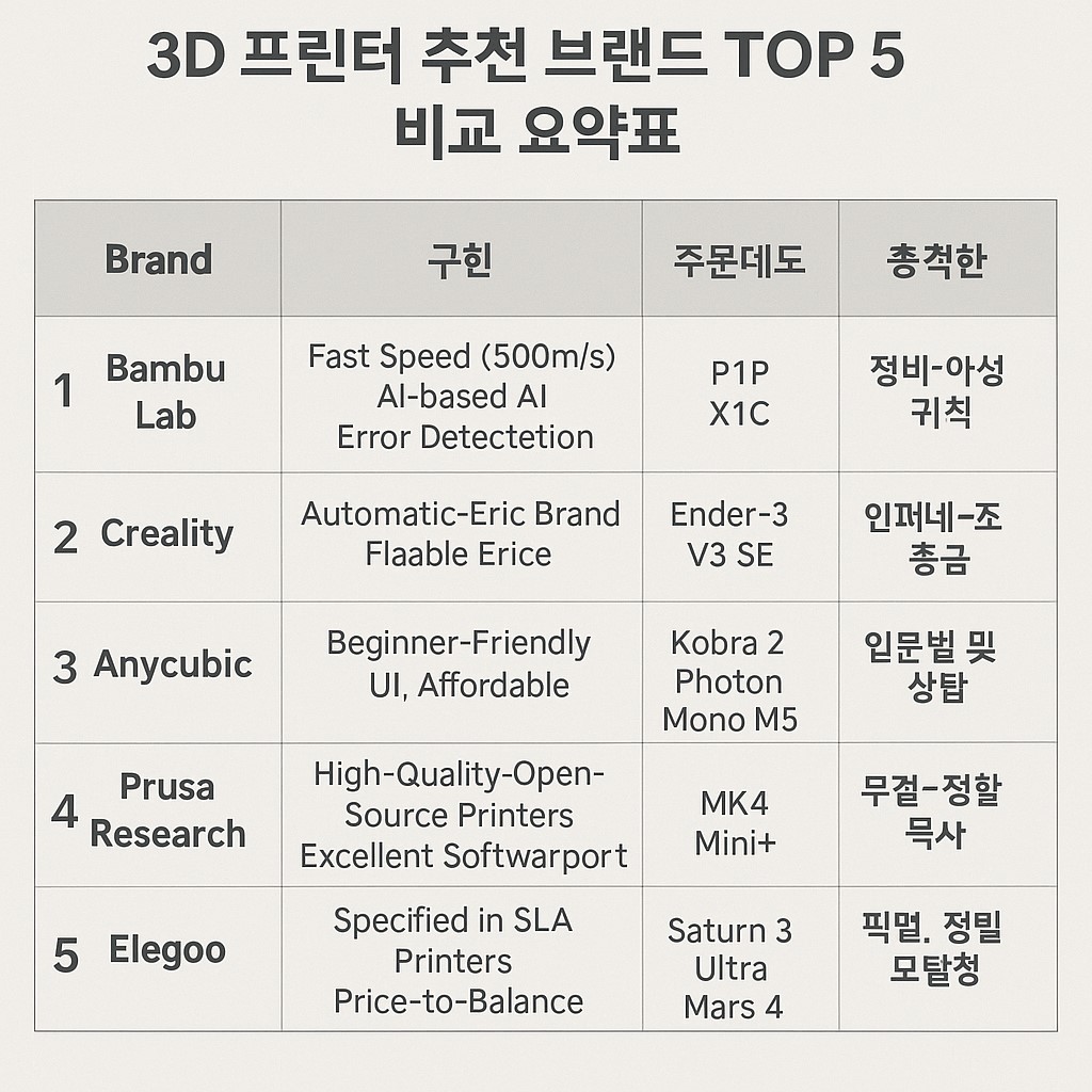 3D 프린터 추천 브랜드 TOP 5 비교 요약 인포그래픽 이미지
