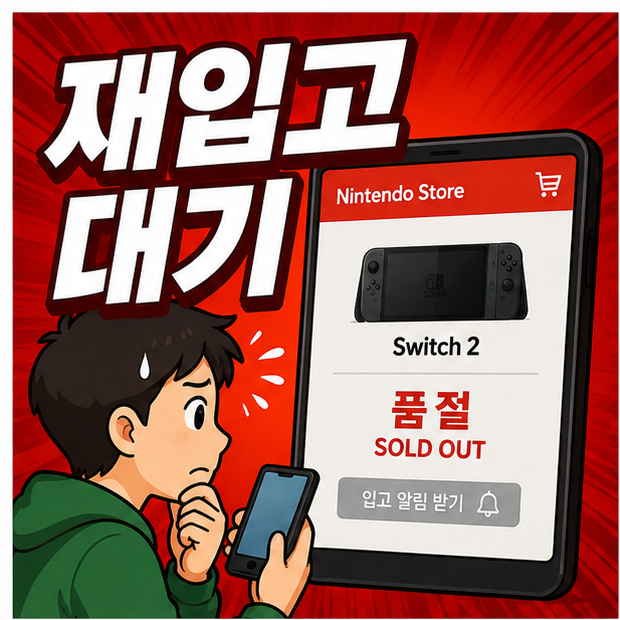 닌텐도 스위치2 공홈 재입고를 기다리며 품절 화면을 확인하는 상황