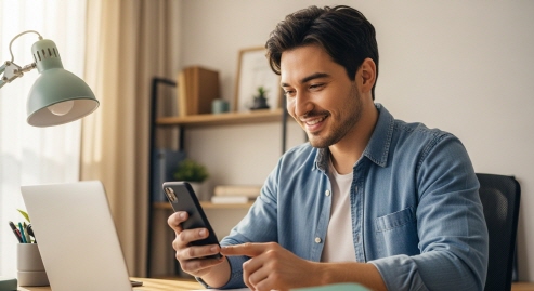 프리랜서 남성이 홈오피스에서 앱 확인하는 장면