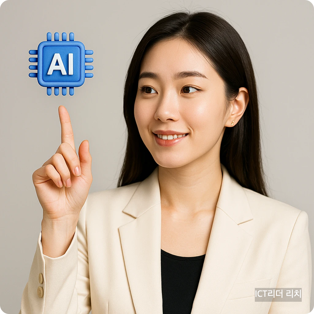 밝고 세련된 20대 여성이 AI 반도체 칩 아이콘을 가리키며 스타게이트 프로젝트를 상징하는 장면. 한국 ICT 산업의 혁신과 지적 이미지를 표현한 대표 썸네일.