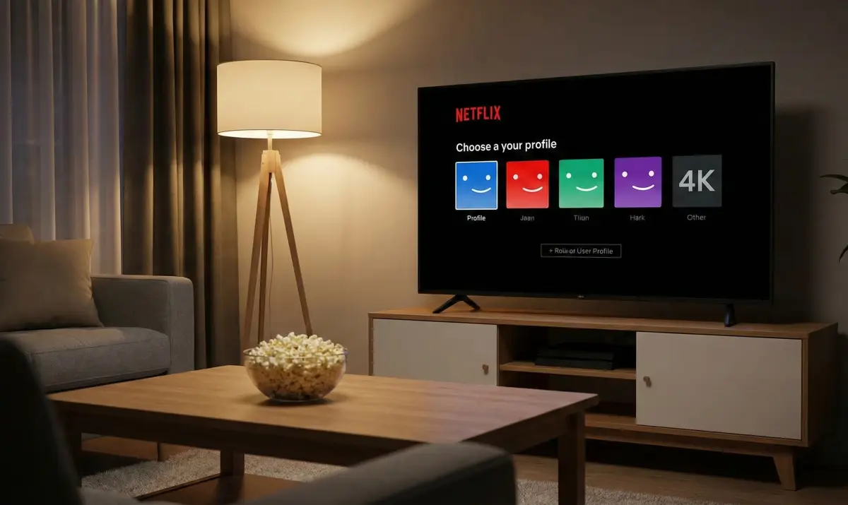 어두운 거실에서 TV 화면에 띄워진 넷플릭스 프로필 선택 화면과 테이블 위의 팝콘