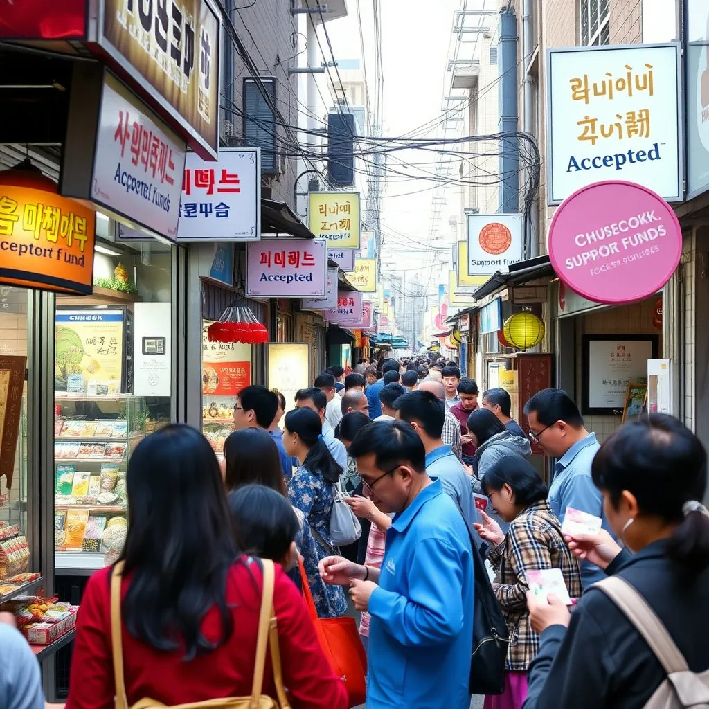 작은 상점들이 늘어선 골목길에서 소상공인들이 손님들에게 물건을 판매하며 환하게 미소 짓는 장면입니다. 상점 앞에는 '추석 지원금 사용 가능'이라는 문구가 붙어있고, 사람들이 지원금 카드로 결제하는 모습이 자연스럽게 연출됩니다.