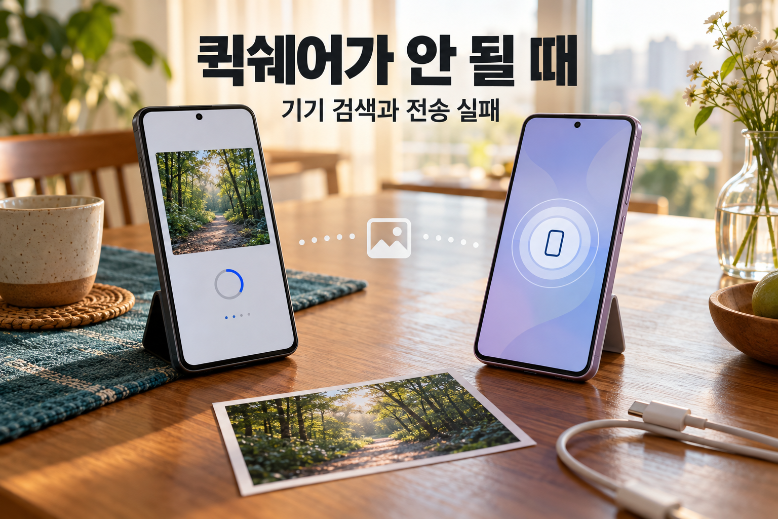 사진을 보내는 휴대전화와 받는 휴대전화를 나란히 놓고 퀵쉐어 연결을 준비하는 장면