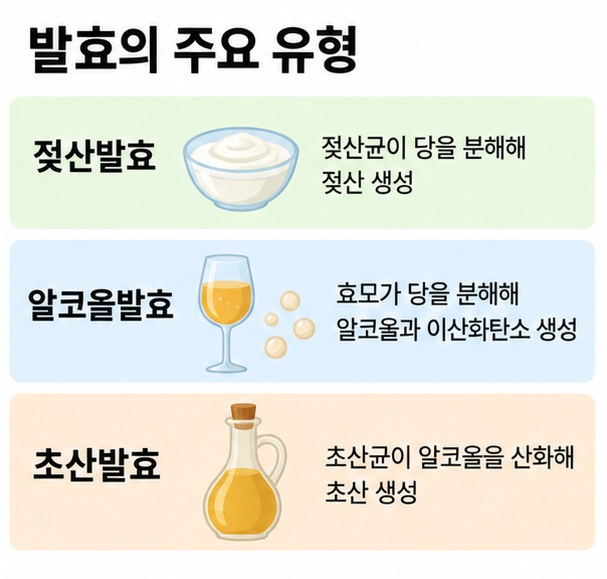 젖산발효 알코올발효 초산발효의 미생물 작용과 생성물을 비교한 이미지