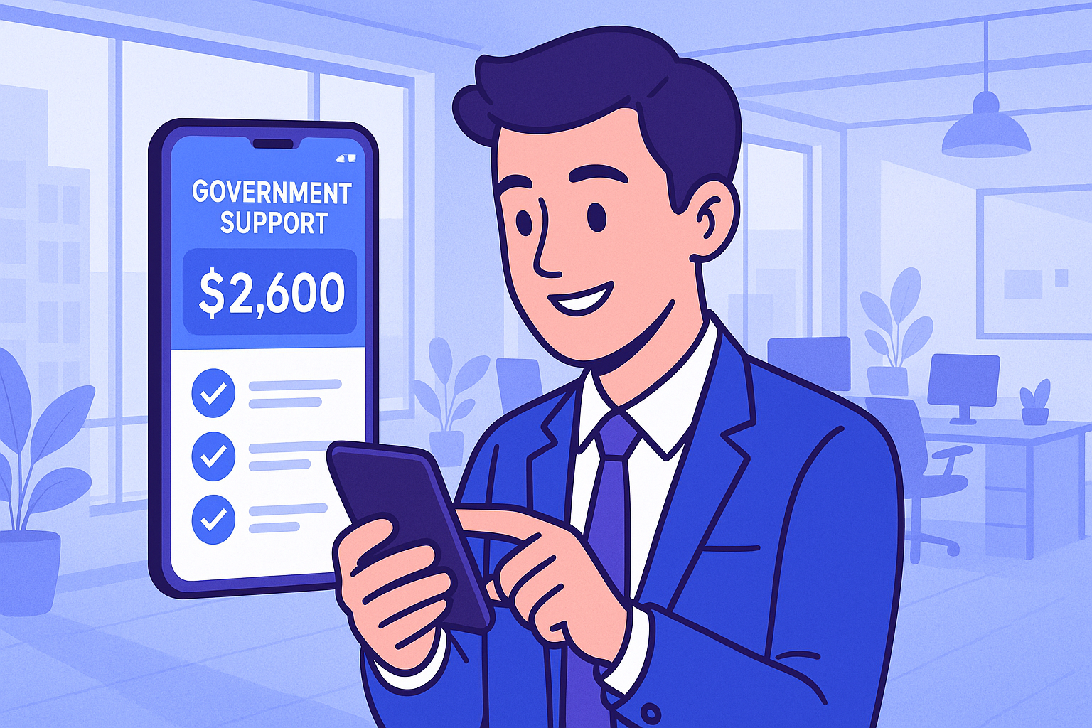 젊은 직장인이 스마트폰으로 정부 지원 앱을 확인하는 모습