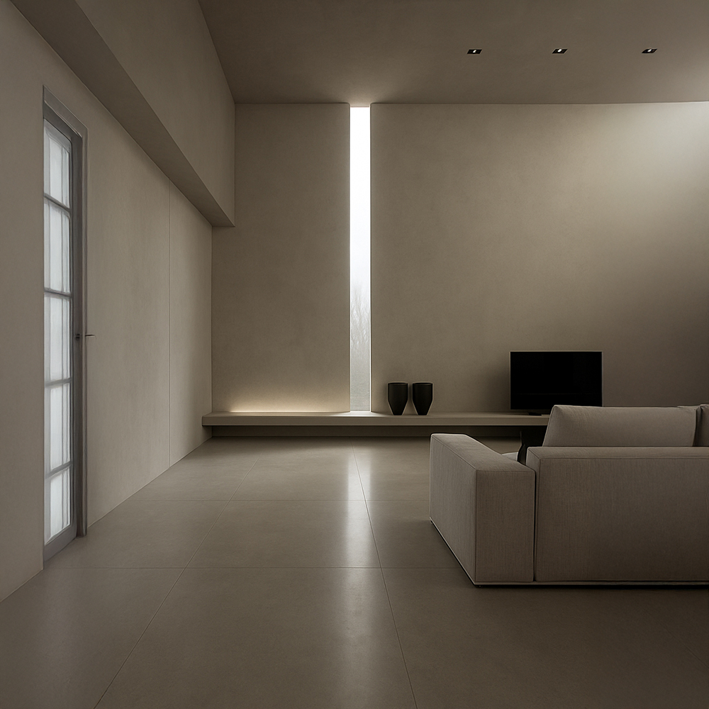 창이 없는 공간의 매력을 느낄수 있고 빛이 중앙의 좁은 틈으로 스며드는 미니멀한 거실 인테리어