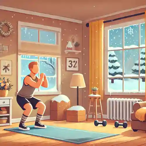 겨울철 눈 내리는 창가 앞에서 실내에서 스쿼트를 하는 사람