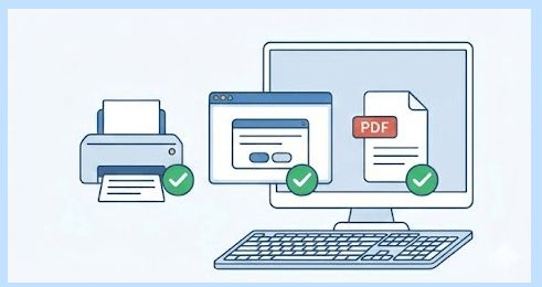 프린터 출력 가능 상태, 브라우저 팝업 허용, PDF 저장 기능이 모두 정상임을 나타내는 체크리스트 아이콘