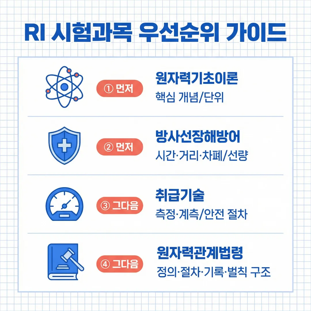 RI 시험과목 우선순위 가이드로 원자력기초이론&middot;방사선장해방어&middot;취급기술&middot;원자력관계법령 학습 순서를 정리한 이미지